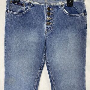 Vintage LEI Flare Denim Jeans Low Rise Raw Hem Exposed Button Fly Womens 10 Blue